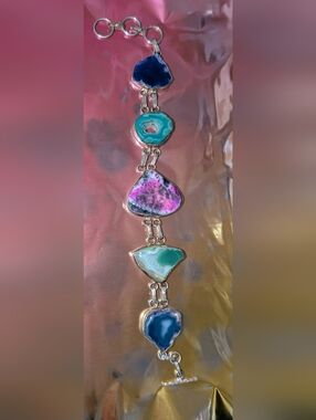 Multicolor Agate Link Bracelet - Silver Tone